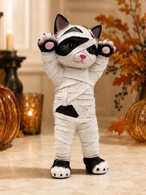 Halloween Mummy Black Cat Figurine 12in Resin Candy Corn Lane NWT
